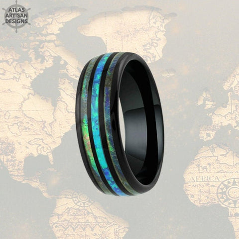 Image of Black Opal Ring Mens Wedding Band Tungsten Ring 8mm Tropical Abalone Ring Nature Wedding Band