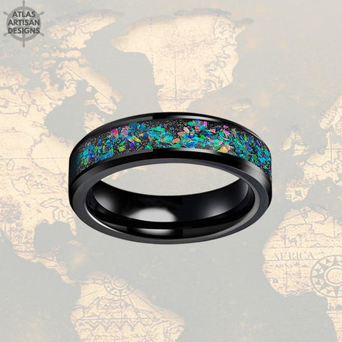 Image of 6mm Black Ring Mens Wedding Band Tungsten Ring Opal Wedding Band - Atlas Artisan Designs