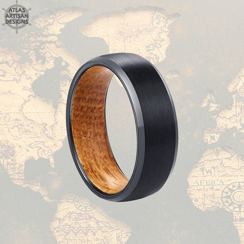 Image of 8mm Whisky Wood Ring Mens Wedding Band Tungsten Ring, Whiskey Barrel Ring 8mm Mens Wedding Ring, Black Wooden Ring Bourbon Barrel Mens Ring - Atlas Artisan Designs