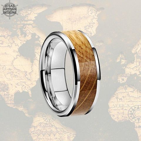 Image of Beveled Bourbon Wood Ring Mens Wedding Band Tungsten Ring, Silver Whiskey Barrel Ring Tungsten Wedding Band Mens Ring with Wood Inlay Ring - Atlas Artisan Designs