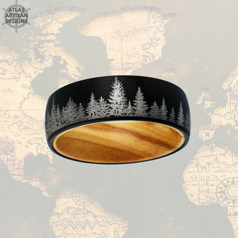 Image of Black Tungsten Ring Wedding Band Nature Ring Spruce Tree Wood Ring - Atlas Artisan Designs