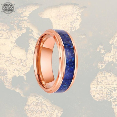 Image of Rose Gold Lapis Lazuli Ring Mens Wedding Band Tungsten Ring 8mm Rose Gold Ring with Step Edges and Blue Lapis Inlay