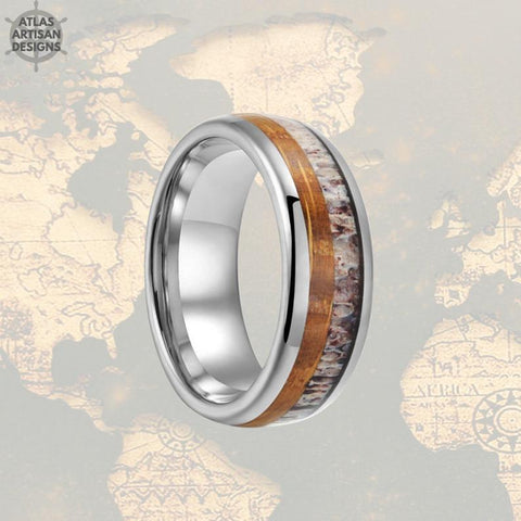 Image of Rustic Whiskey Barrel & Deer Antler Ring Mens Wedding Band Tungsten Ring