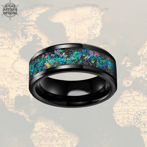 Image of Black Opal Ring Mens Wedding Band Tungsten Ring - Atlas Artisan Designs