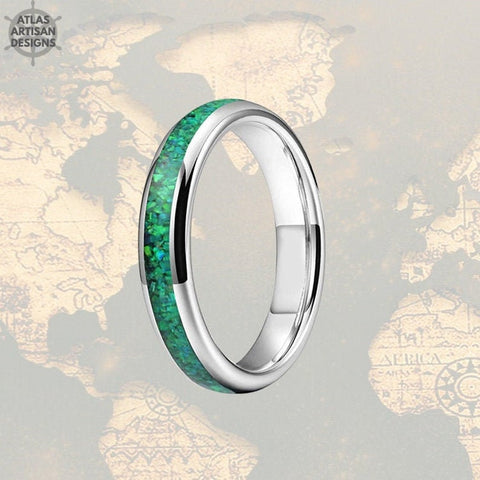 Image of 4mm Silver Tungsten Ring Green Opal Wedding Band Womens Ring