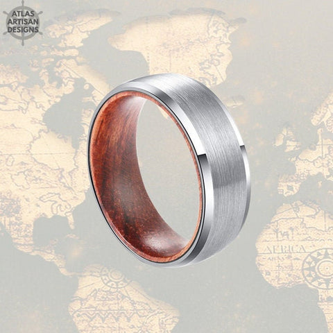 Image of Sandal Wood Ring Mens Wedding Band Tungsten Ring, Beveled Silver Ring Wood Wedding Band Mens Ring, 8mm Wood Promise Ring for Him Wooden Ring - Atlas Artisan Designs