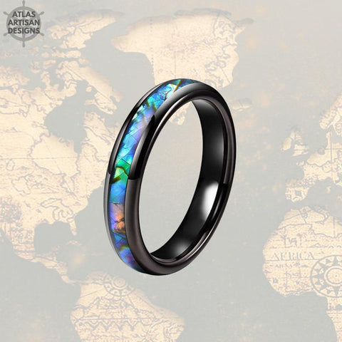 Image of Black Abalone Ring Mens Wedding Band - 4mm Tungsten Ring - Atlas Artisan Designs
