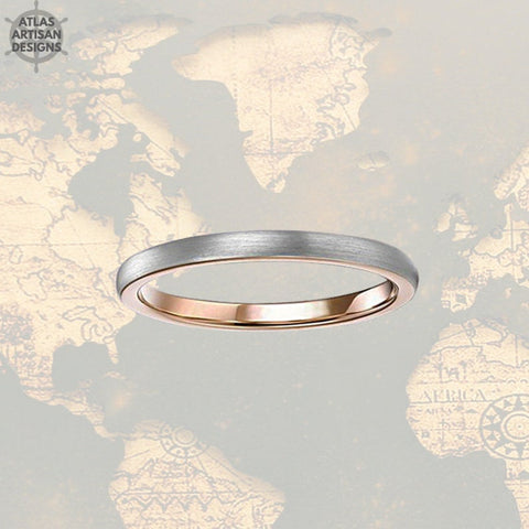 Image of Silver & 18K Rose Gold Ring Womens Wedding Bands Tungsten Ring Minimalist Ring Rose Gold Wedding Band Womens Ring, Couples Rings Dainty Ring - Atlas Artisan Designs