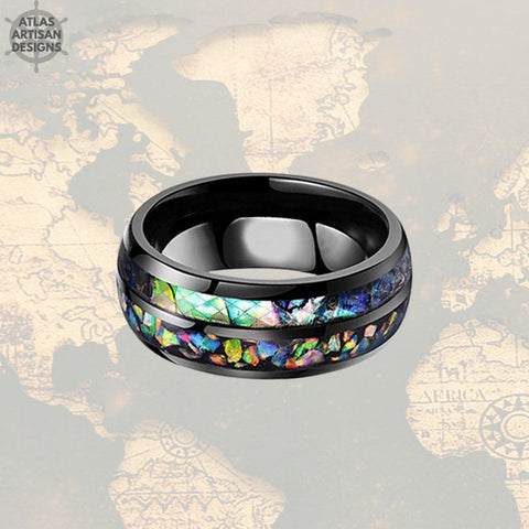 Image of 6mm Abalone Ring Tungsten Wedding Band Womens Ring Black Opal Ring Mens Wedding Band Tungsten Ring