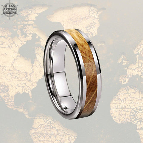 Image of 6mm Whiskey Barrel Ring Wood Wedding Band Tungsten Ring, Silver Mens Wedding Band Thin Wood Ring - Atlas Artisan Designs