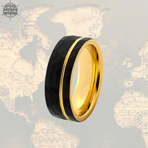 Image of Gold Ring Hammered Wedding Band Yellow Gold Mens Viking Ring