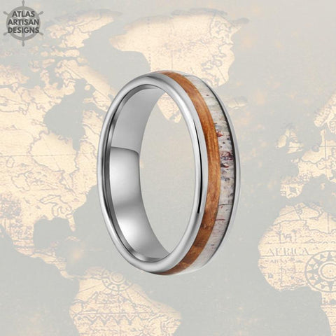 Image of Thin Deer Antler Ring Mens Wedding Band Tungsten Ring Whiskey Barrel Ring