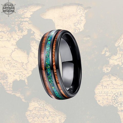 Image of 8mm Wooden Tungsten Ring Opal Wedding Band Mens Ring - Atlas Artisan Designs