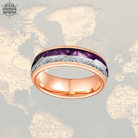 Image of 8mm Rose Gold Ring Mens Wedding Band Agate Stone Ring - Meteorite & Purple Agate Tungsten Ring