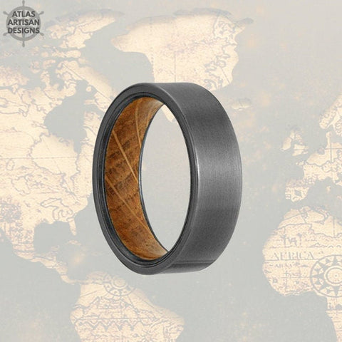 Image of Gunmetal Whiskey Barrel Ring Wooden Ring, Tungsten Wedding Band Mens Ring, Whiskey Barrel Wood Ring - Atlas Artisan Designs