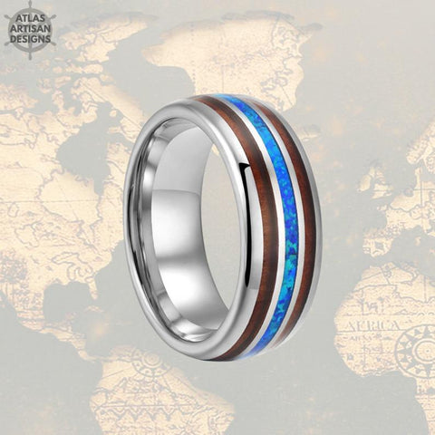 Image of 8mm Silver Mens Ring Opal Wedding Band Wood Tungsten Ring