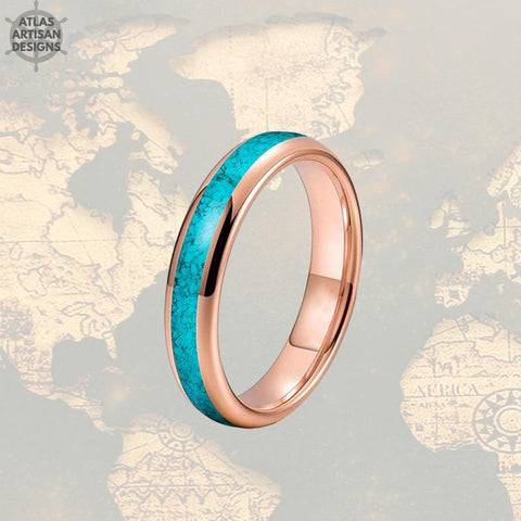 Image of Thin 14K Rose Gold Turquoise Ring Mens Wedding Band Tungsten Ring - Atlas Artisan Designs