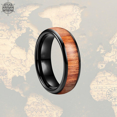 Image of 6mm Mens Wedding Band Black Tungsten Ring Wood Wedding Band Mens Ring
