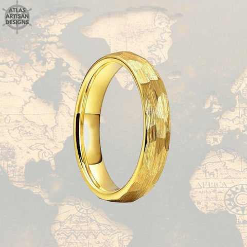 Image of 14K Yellow Gold Wedding Band Tungsten Ring - 4mm Gold Ring Hammered Wedding Band