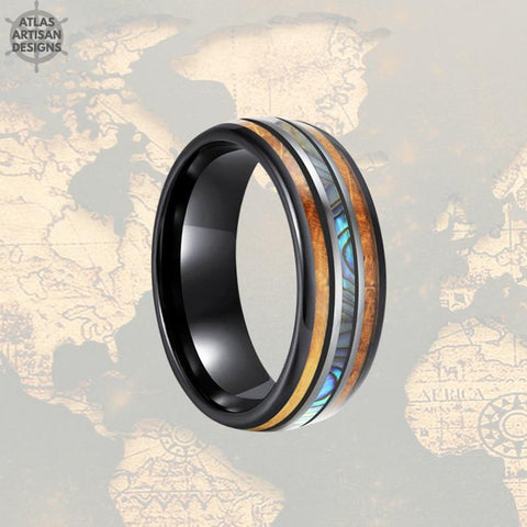 Image of Abalone Ring Tungsten Wedding Band Wood Ring