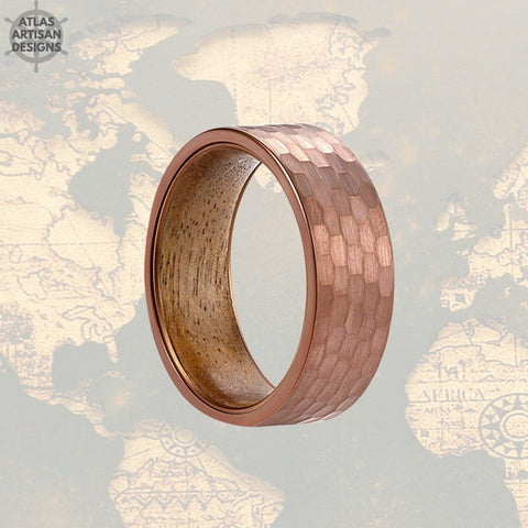 Image of Koa Wood Ring Hammered Coffee Brown Tungsten Mens Wedding Band - Atlas Artisan Designs