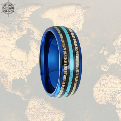 Image of Mens Turquoise Ring with Deer Antler Inlay, Blue Tungsten Mens Ring Unique Nature Ring - Atlas Artisan Designs