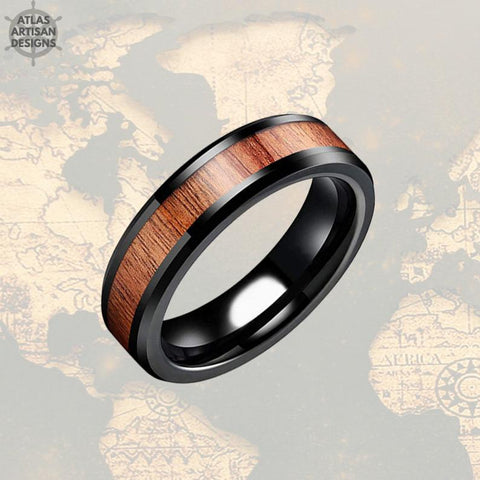 Image of 6mm Beveled Thin Black Wedding Band Tungsten Ring Koa Wood Ring