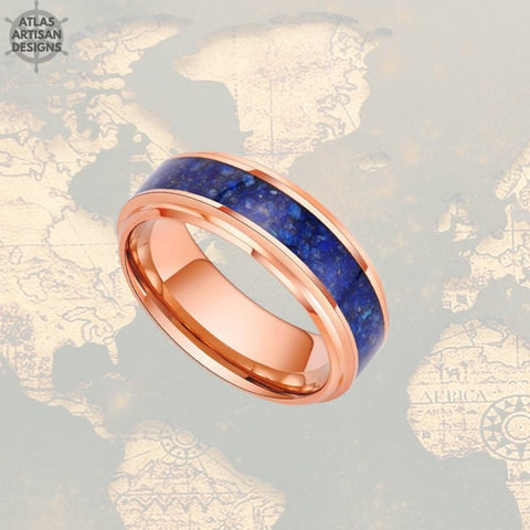 Image of Rose Gold Lapis Lazuli Ring Mens Wedding Band Tungsten Ring 8mm Rose Gold Ring with Step Edges and Blue Lapis Inlay