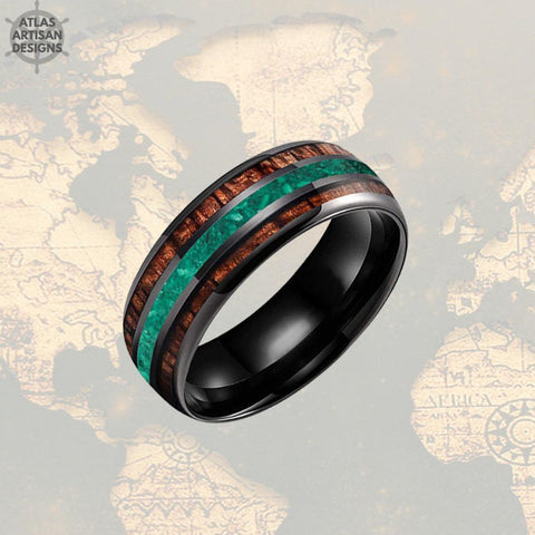 Image of 8mm Malachite Ring Mens Wedding Band Koa Wood Ring Black Tungsten Wedding Band