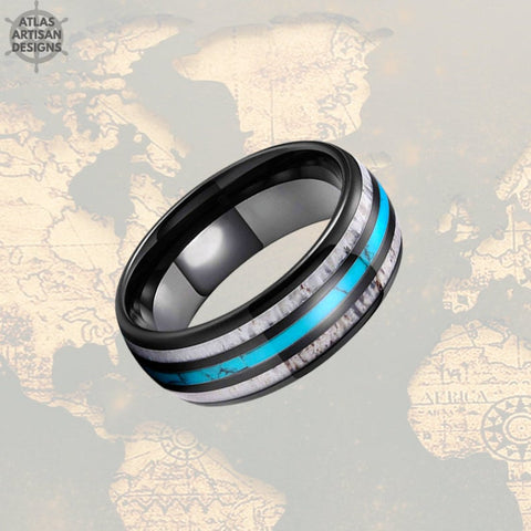 Image of Deer Antler Ring Mens Wedding Band Tungsten Ring, Turquoise Ring with Antler Inlay, Tungsten Nature Ring - Atlas Artisan Designs