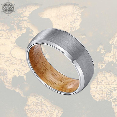 Image of Beveled Silver Whiskey Barrel Ring Mens Wedding Band Wood Ring, Tungsten Ring Wood Wedding Band Mens Ring, Unique Wood Promise Ring for Him - Atlas Artisan Designs