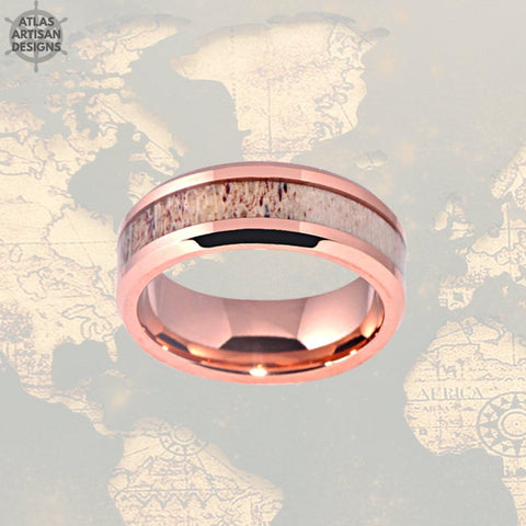 Image of 8mm Deer Antler Ring Rose Gold Wedding Band Mens Ring, 18K Rose Gold Ring, Unique Nature Ring - Atlas Artisan Designs