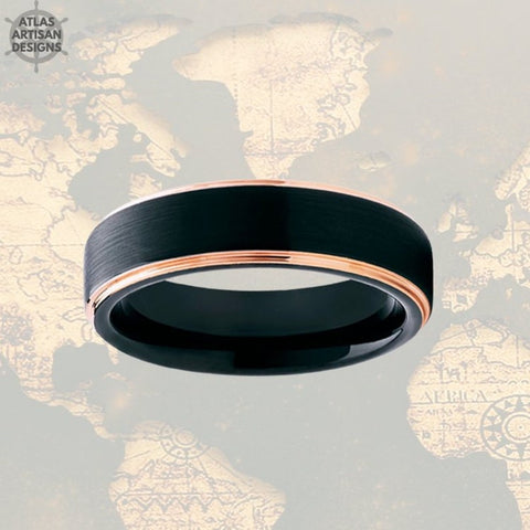 Image of 6mm Thin Rose Gold Tungsten Ring Mens Wedding Band Black Ring