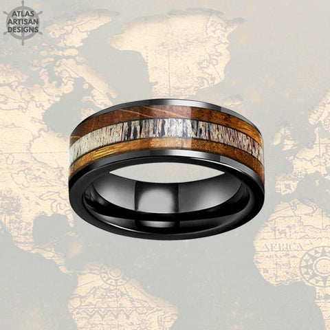 Image of Black Whiskey Barrel Ring with Deer Antler Mens Wedding Band Tungsten Deer Antler Ring - Atlas Artisan Designs