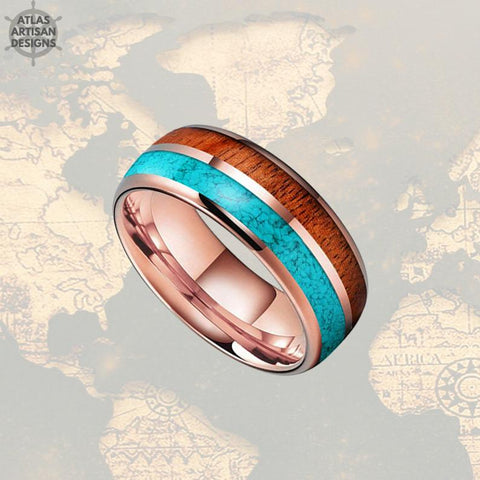 Image of Mens Turquoise Ring Rose Gold Wedding Band Wood Ring - Koa Wood Ring
