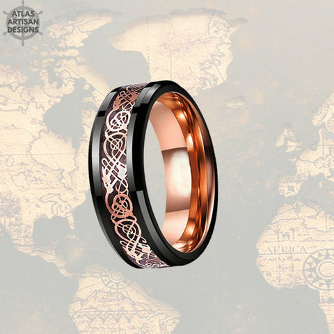 Image of Norse Rose Gold Ring Mens Wedding Band Viking Ring / Celtic Knot Ring Viking Wedding Ring Rose Gold & Black Ring / Tungsten Ring Mens Ring - Atlas Artisan Designs