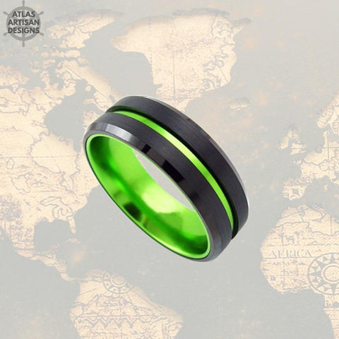 Image of Green & Black Tungsten Ring Mens Wedding Band Tungsten Ring - Atlas Artisan Designs