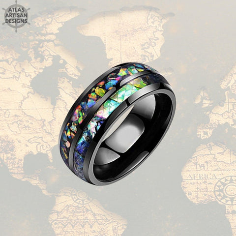 Image of 8mm Black Opal Ring Mens Wedding Band Abalone Tungsten Ring