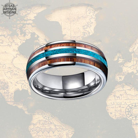 Image of Mens Turquoise Ring Tungsten Wedding Band Viking Ring - Koa Wood Ring Wedding Band - Atlas Artisan Designs