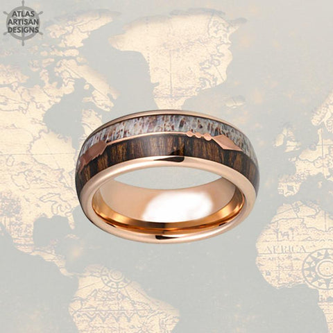 Image of Rose Gold Ring Antler & Wood Wedding Band Mens Ring, 8mm Koa Wood Ring Mens Wedding Band Tungsten Ring, Rose Gold Wedding Band Arrow Rings - Atlas Artisan Designs