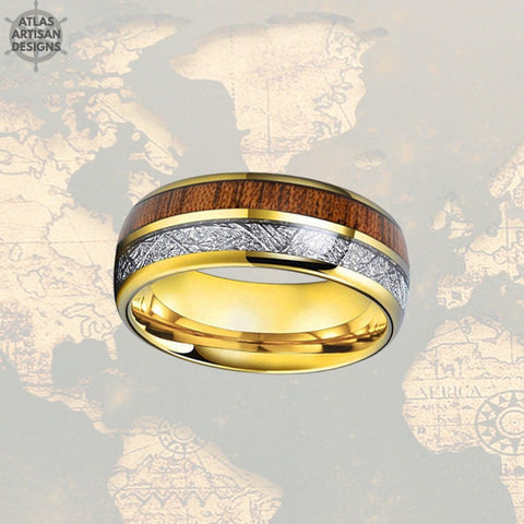 Image of 14K Gold Ring Mens Wedding Band Meteorite Ring - Koa Wood Tungsten Wedding Band