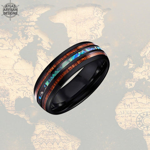 Image of 8mm Koa Wood Ring Mens Wedding Band Abalone Ring, Tungsten Wedding Band Mens Ring Abalone Shell Ring Unique Wedding Bands Women Black Ring - Atlas Artisan Designs