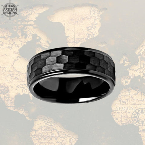 Image of Black Hammered Ring Mens Wedding Band Tungsten Ring with Step Edges, Viking Wedding Ring, Mens Black Ring - Atlas Artisan Designs