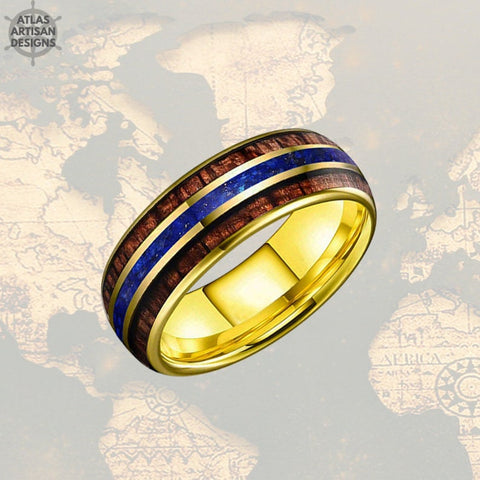 Image of 14K Gold Ring 8mm Lapis Lazuli Ring Mens Wedding Band Tungsten Ring Yellow Gold Wedding Bands for Men