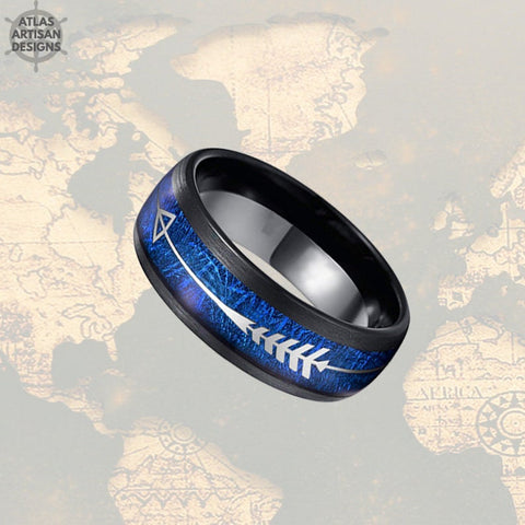 Image of Blue Meteorite Ring Mens Wedding Band Tungsten Ring - 8mm Silver Arrow Ring Meteorite Wedding Band Mens Ring - Unique Black Rings for Men - Atlas Artisan Designs