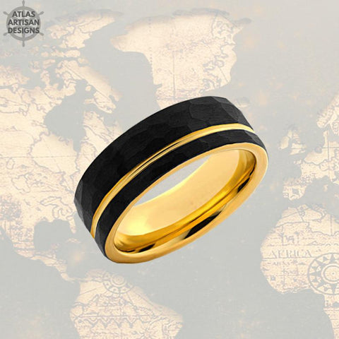 Image of Gold Ring Hammered Wedding Band Yellow Gold Mens Viking Ring