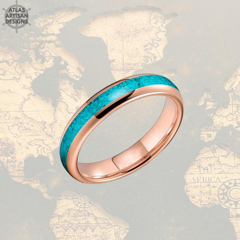 Image of Thin 14K Rose Gold Turquoise Ring Mens Wedding Band Tungsten Ring - Atlas Artisan Designs