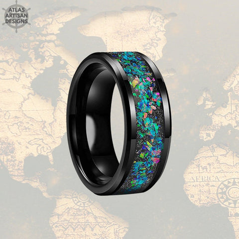Image of Black Opal Ring Mens Wedding Band Tungsten Ring - Atlas Artisan Designs