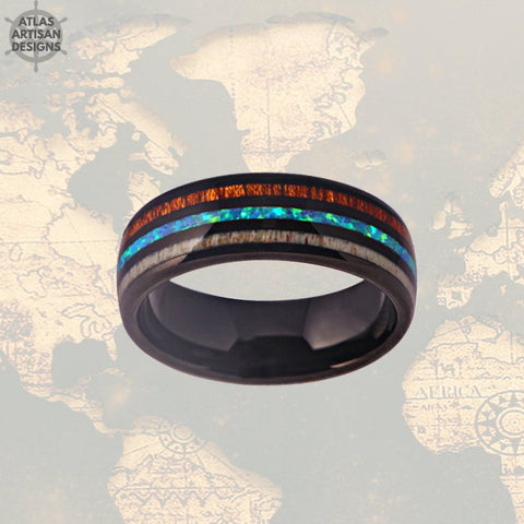 Image of Koa Wood Ring with Deer Antler & Opal Inlay Mens Wedding Band Blue Opal Ring, Mens Tungsten Ring - Atlas Artisan Designs