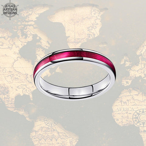 Image of 4mm Red Wood Ring Womens Wedding Band Tungsten Ring, Swirl Wood Wedding Band Womens Ring, Purple Mens Wedding Band Wooden Ring Couples Rings - Atlas Artisan Designs